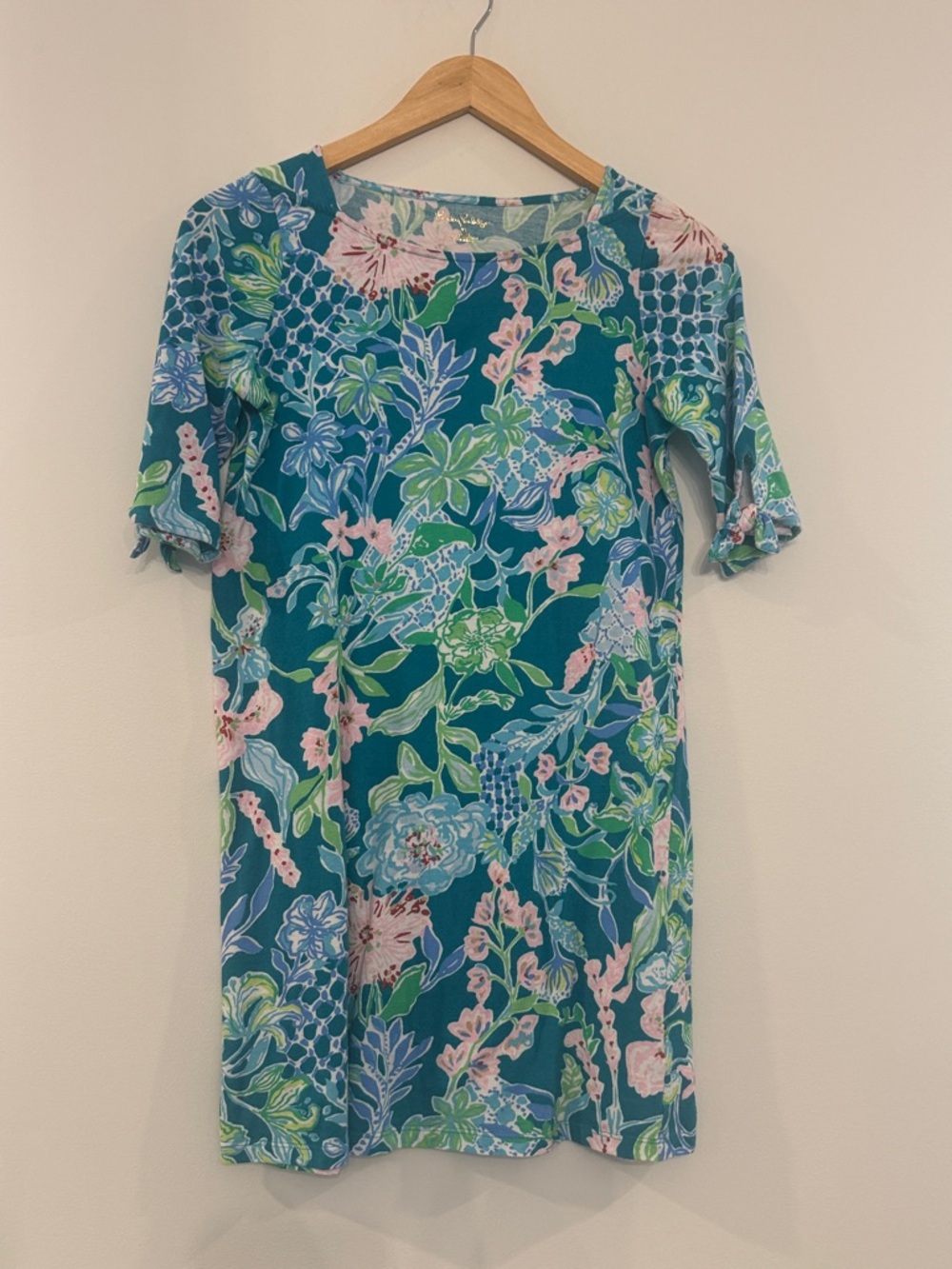 Lilly Pulitzer Teal Floral Shift Dress with Pink & Green Accents